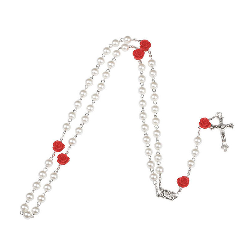 8mm Glass Imitation Pearl Bead Holy Catholic Rosaries Necklace With Silver Cross Lourdes Center Rosary