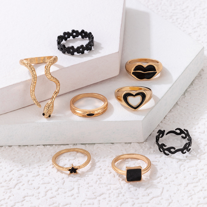 Cross Border Lips Lovely Heart Oil Drip Star Ring Set Geometric Alphabet Serpentine Zodiac Eight-Piece Ring