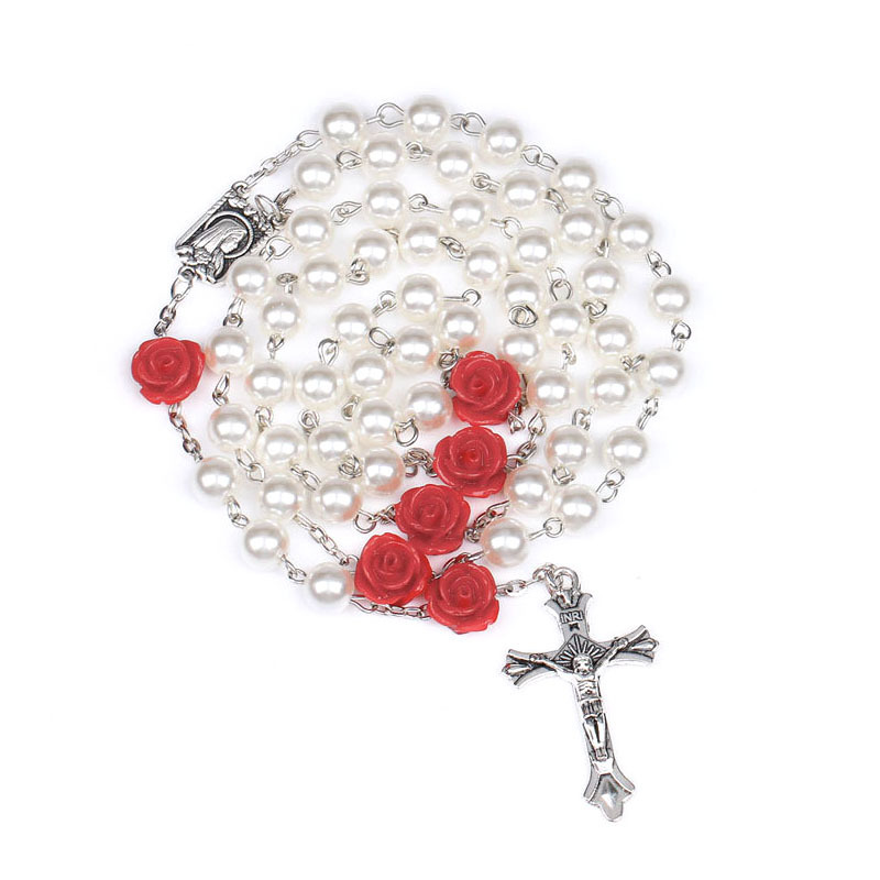 8mm Glass Imitation Pearl Bead Holy Catholic Rosaries Necklace With Silver Cross Lourdes Center Rosary