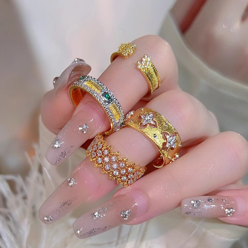 Medieval Jewelry Retro Heavy Industry Ring Women's Instagram Style Gold Plated 18k Brushed Light Luxury Set with Diamonds rings