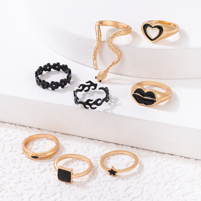 Cross Border Lips Lovely Heart Oil Drip Star Ring Set Geometric Alphabet Serpentine Zodiac Eight-Piece Ring