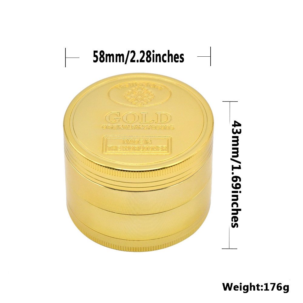 Diameter 2.3 Inch Golden Coin Zinc Alloy Metal Herb Grinder Pepper Miller Spice Tobacco Crusher Smoking Accessories