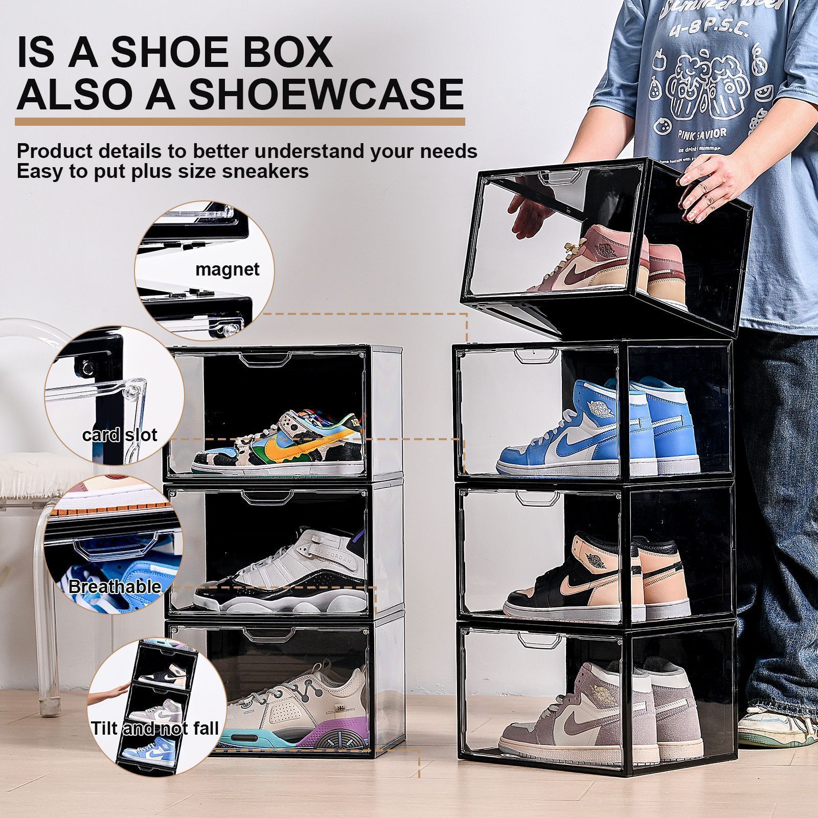 Clear Shoe Storage Box Organizer Shoe Cabinet Prevents Oxidation, Transparent Plastic Acrylic Shoe Box Wall for Sneakers