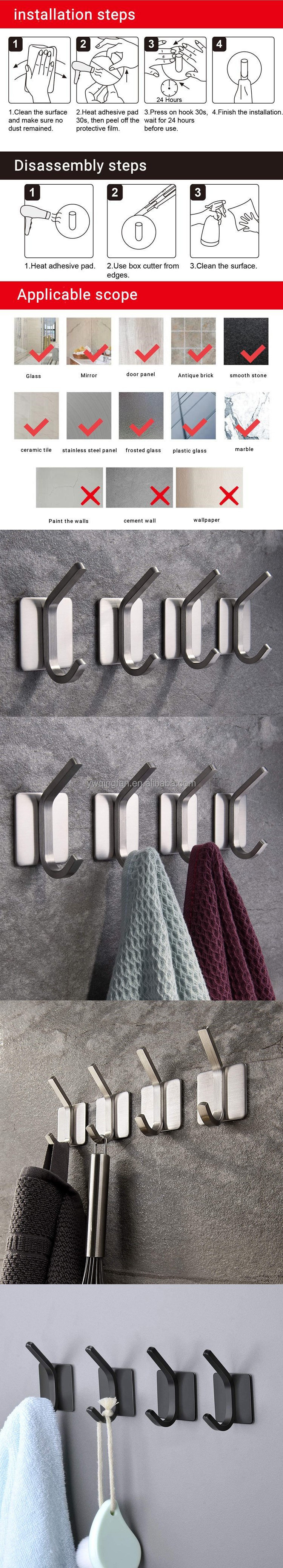 4-Packs 304 Stainless Steel Towel Hook Self Adhesive Bathroom Hooks Robe Coat Hook