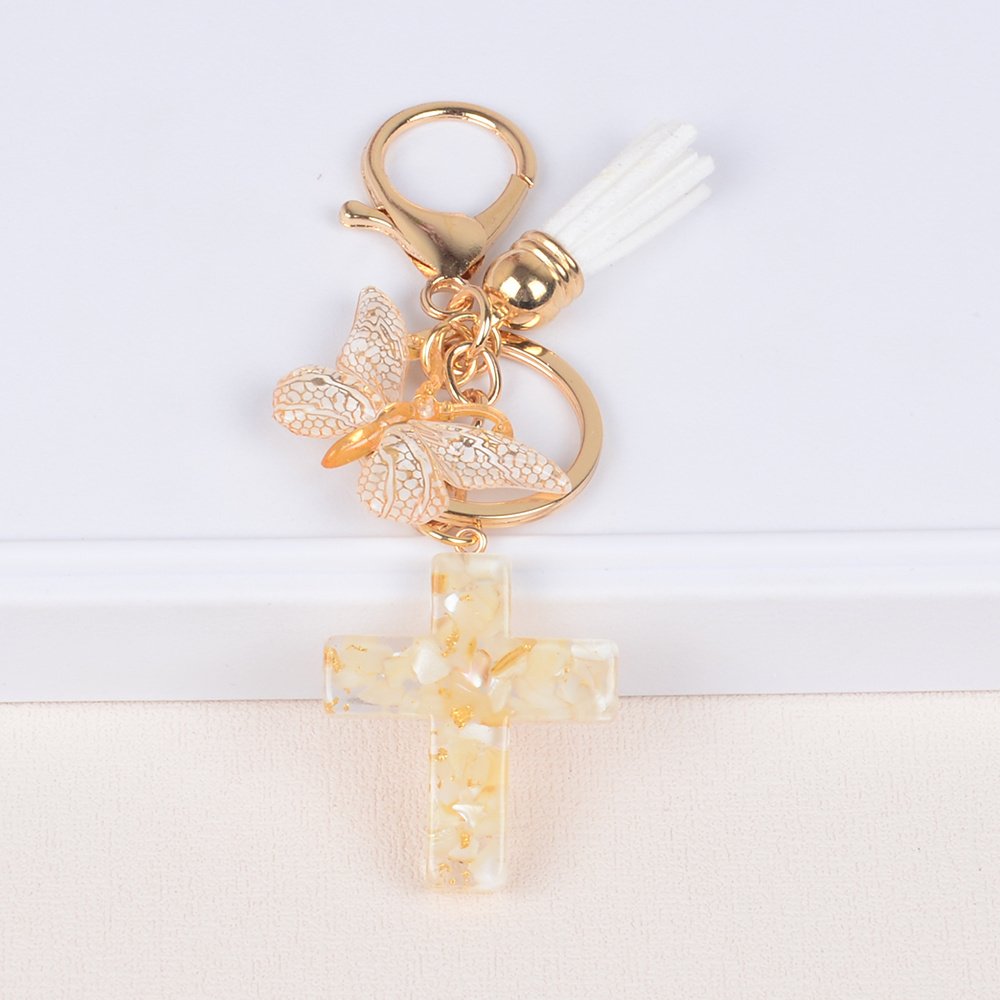 Wholesale New butterfly fringe crystal drop glue stone cross keychain Christian cute resin keychain