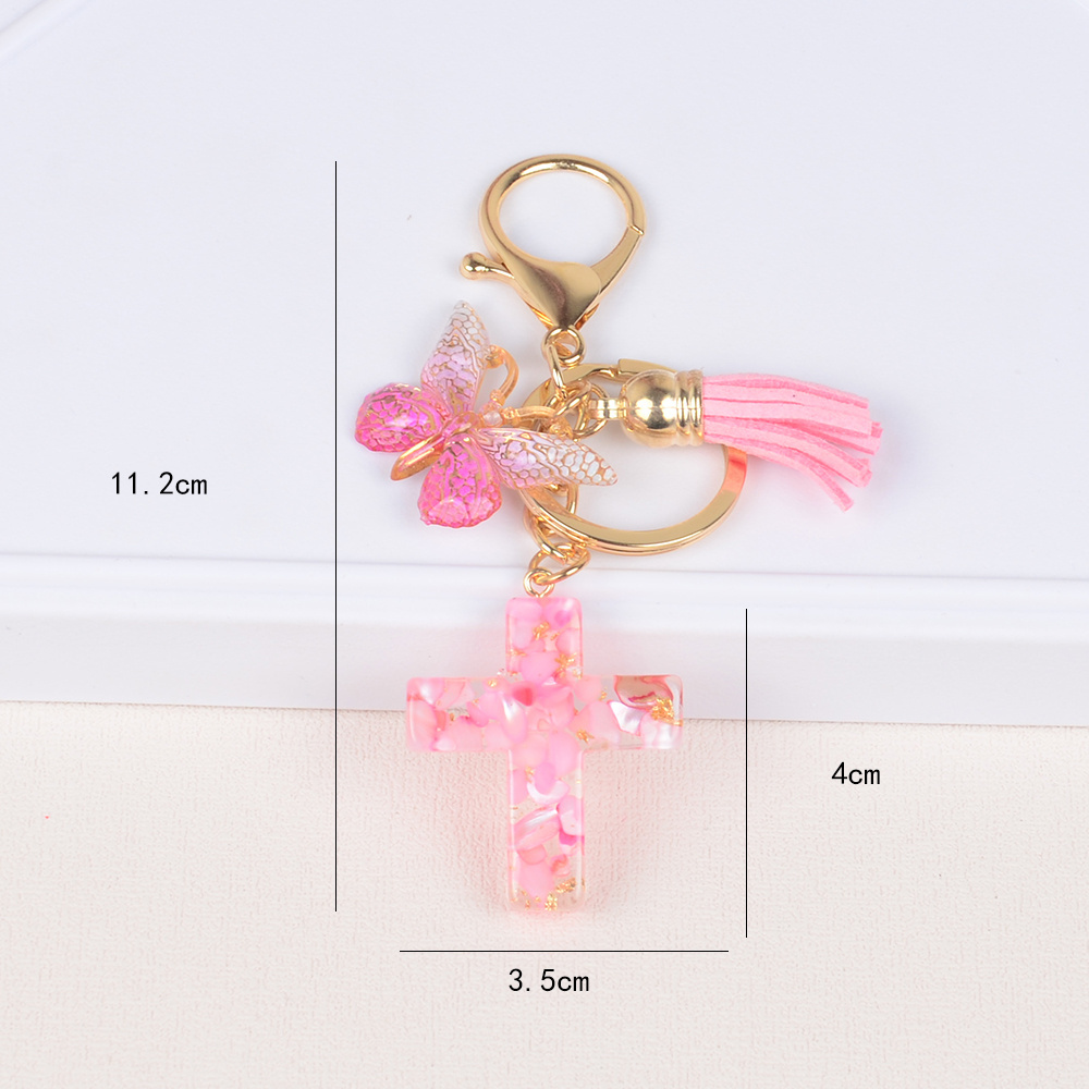 Wholesale New butterfly fringe crystal drop glue stone cross keychain Christian cute resin keychain