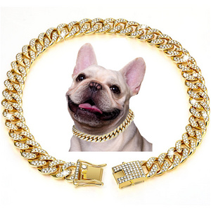 Pet Cat Cuba Chain Diamond Dog Collar Luxury Gold Dog Chain Collar With Design Secure Buckle