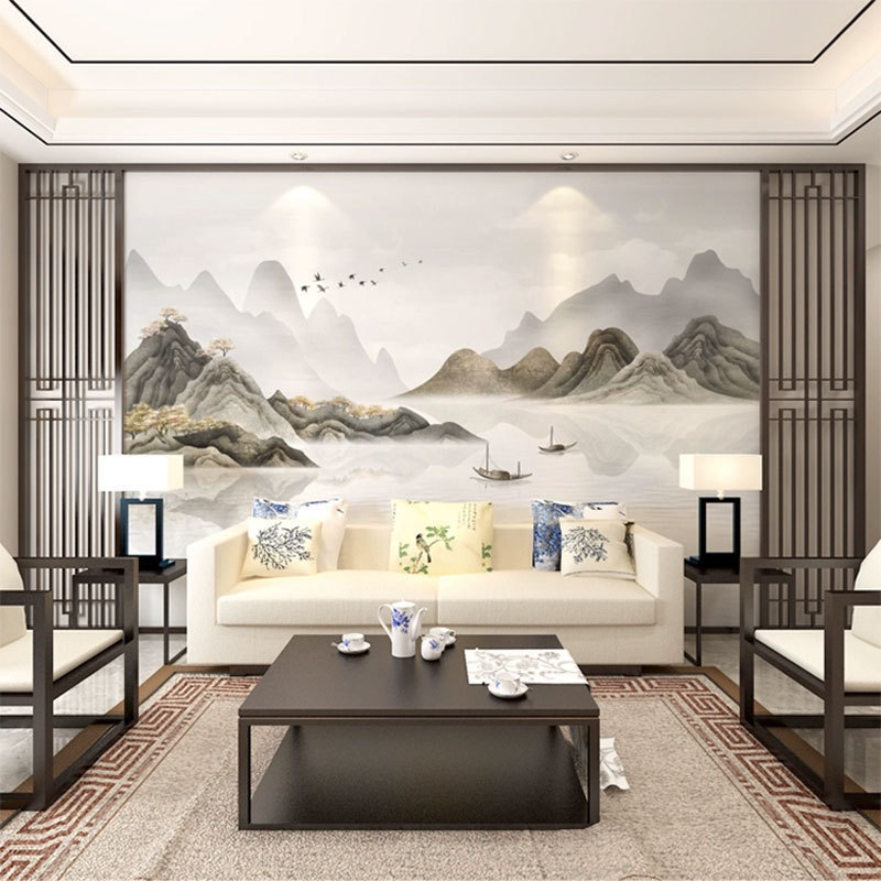 New Chinese Landscape Wall Cloth Living Room Sofa Background Wall Bedroom Light Luxury Seamless Mural