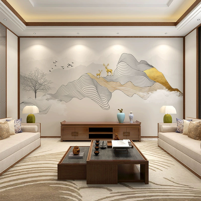 Custom light luxury landscape painting Xuan velvet wall cloth seamless living room background wall cloth