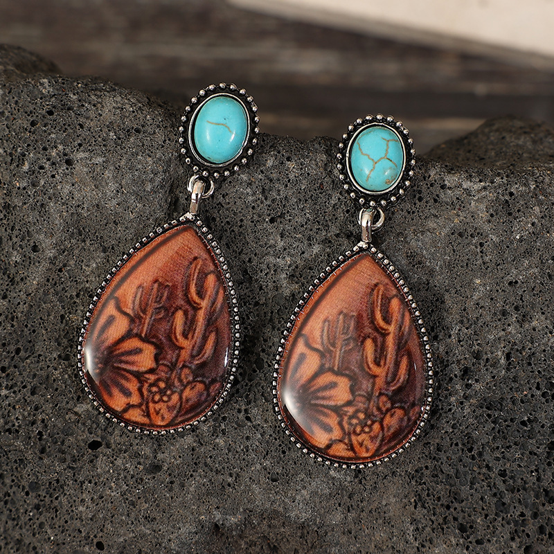 Western Vintage Embossed Genuine Leather Earrings For Women Bohemian Pumpkin Flower Metal Pendant Earrings Boho Jewelry