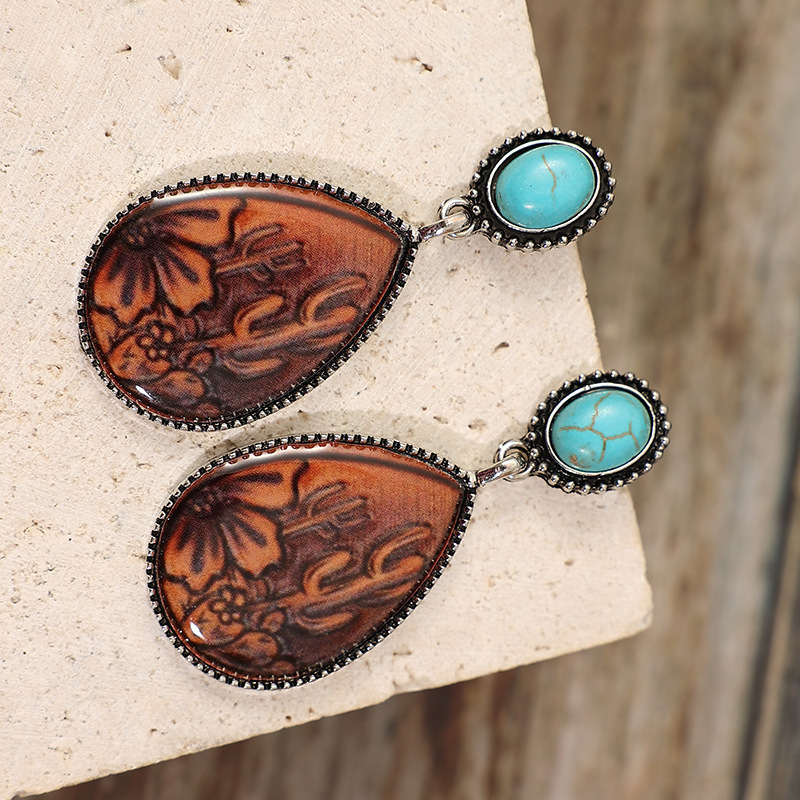 Western Vintage Embossed Genuine Leather Earrings For Women Bohemian Pumpkin Flower Metal Pendant Earrings Boho Jewelry