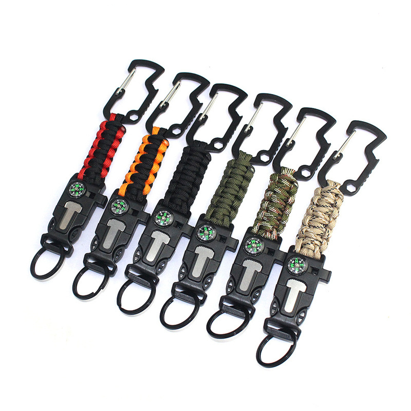 Paracord compass fire stater buckle survival keychain carabiner for camping survival tool