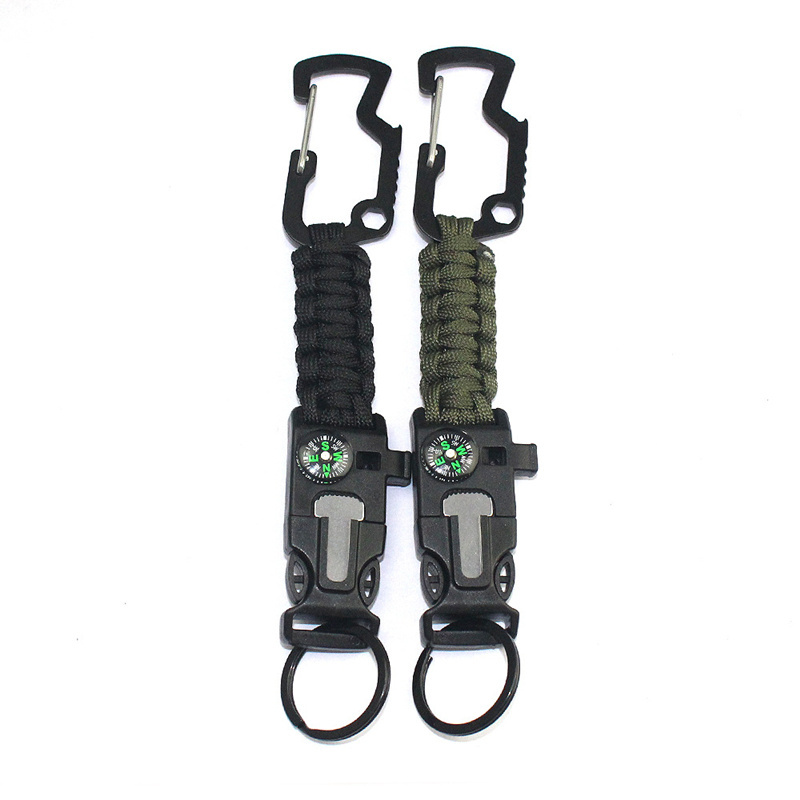 Paracord compass fire stater buckle survival keychain carabiner for camping survival tool