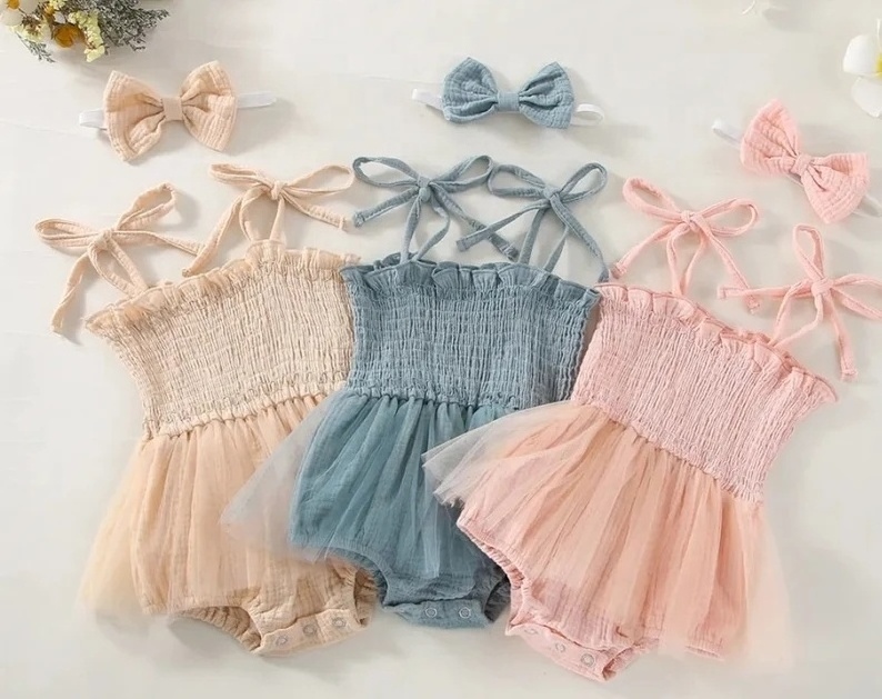 Tie strap smocked romper Tutu skirted Summer Romper Cake Smash Dress Milestone Picture outfit Special Occasion Baby Romper