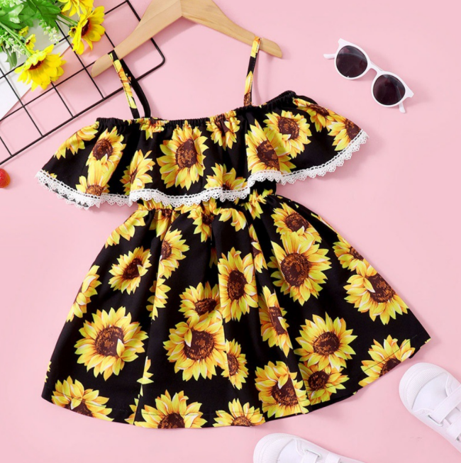 Summer New Dress Off Shoulder Ruffled Sunflower Printed Princess Skirt For Toddlers Girls Kids Lovely Dress