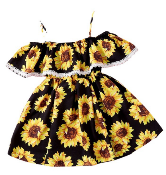 Summer New Dress Off Shoulder Ruffled Sunflower Printed Princess Skirt For Toddlers Girls Kids Lovely Dress