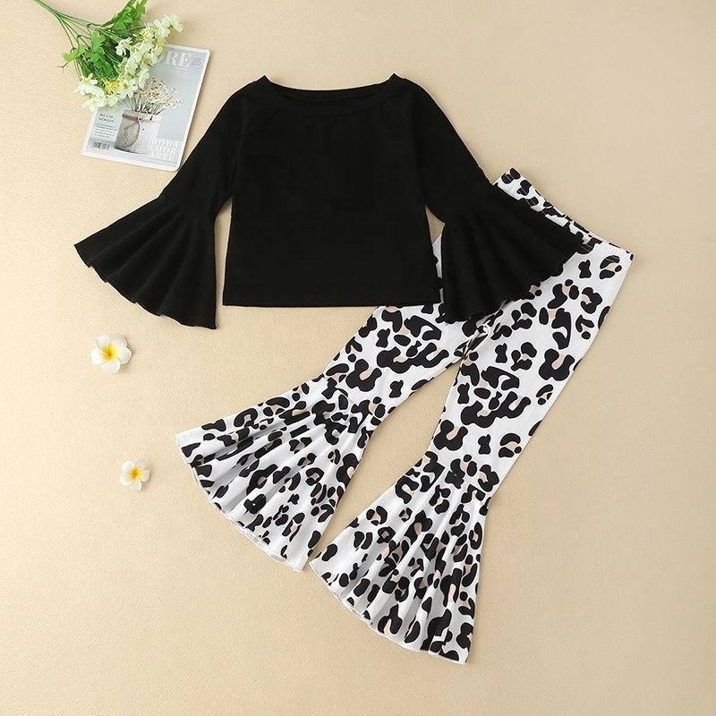 New Girls foreign Style Fashion Clothes Suits Spring Cotton t Shirts Cow Bell Pants Korean wear children's Girls Clothes