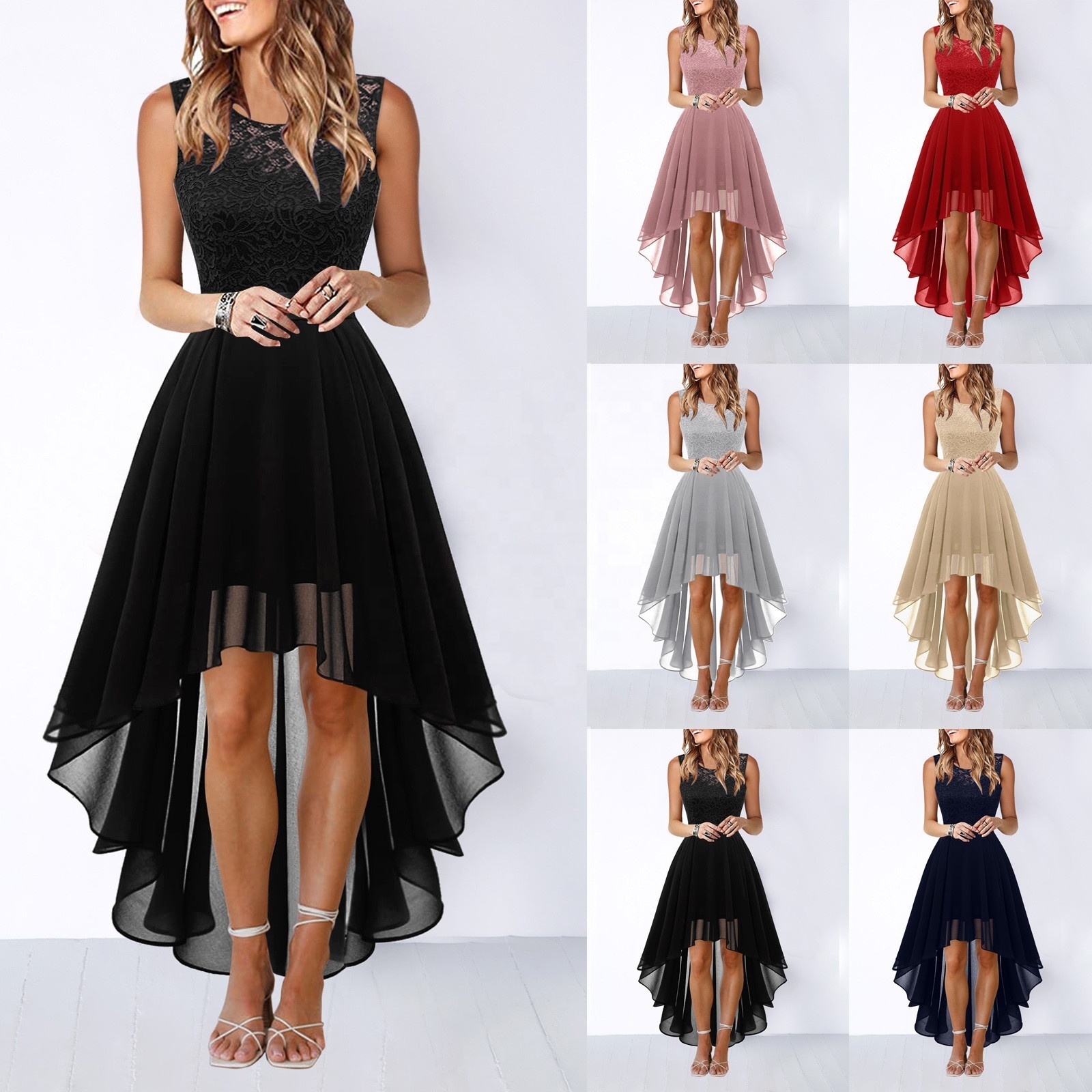 2024 New Sexy Lace Stitching Large Pendulum Chiffon Dress Dress Dinner Dress