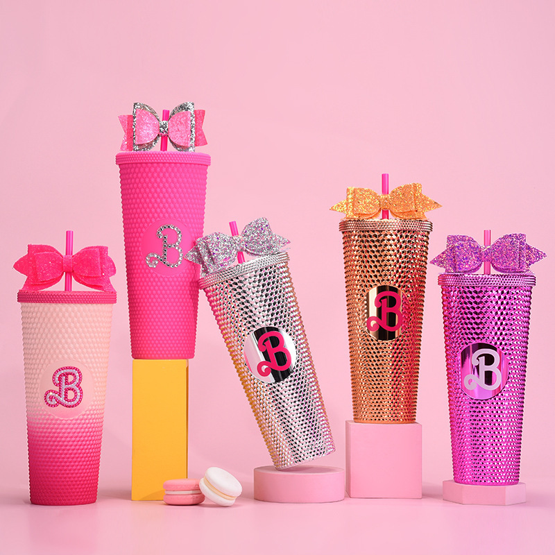 Top Selling 24 OZ Plastic Barbie Color Cup Tumbler Acrylic  Fashionable Barbie Studded Tumbler With Bow-Tie Straw