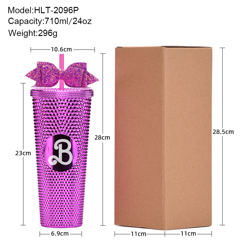 Top Selling 24 OZ Plastic Barbie Color Cup Tumbler Acrylic  Fashionable Barbie Studded Tumbler With Bow-Tie Straw