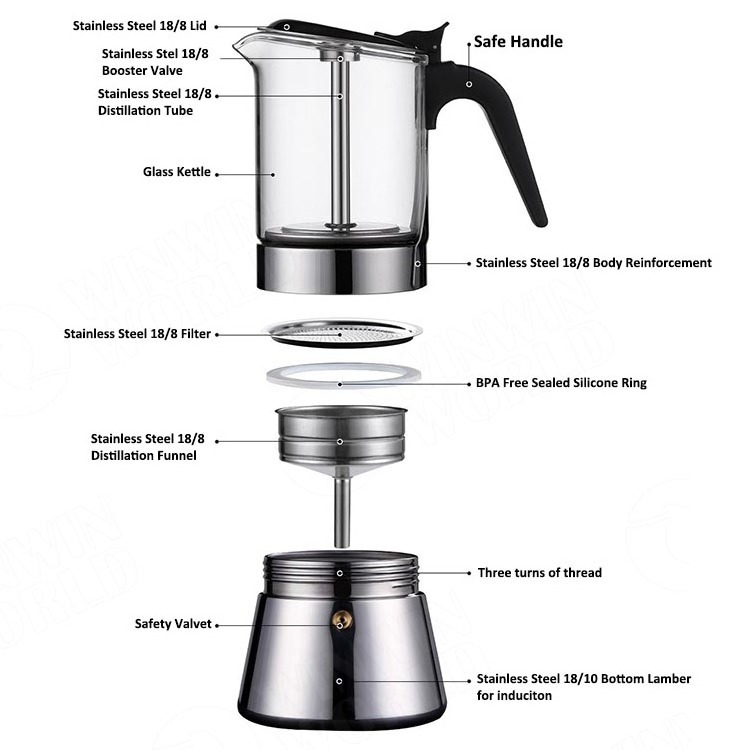 Premium Crystal Glass-Top Stovetop Espresso Moka Pot Glass Stainless Steel Italian Espresso Coffee Maker