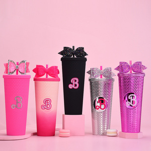 Top Selling 24 OZ Plastic Barbie Color Cup Tumbler Acrylic  Fashionable Barbie Studded Tumbler With Bow-Tie Straw