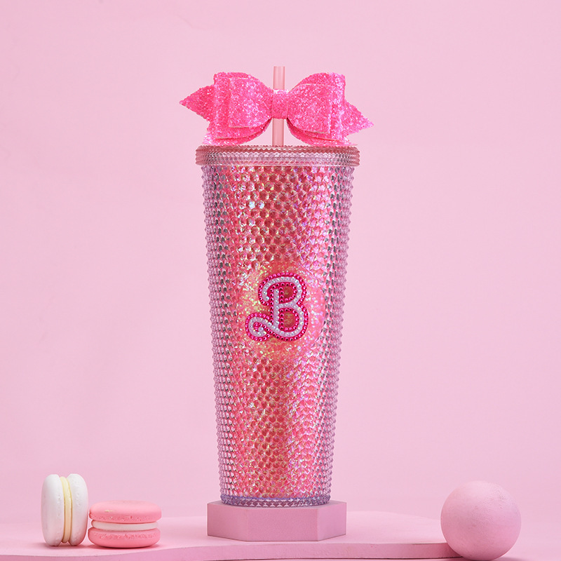 Top Selling 24 OZ Plastic Barbie Color Cup Tumbler Acrylic  Fashionable Barbie Studded Tumbler With Bow-Tie Straw