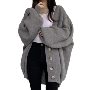 Winter Long Cardigan Sweater Lazy Single Buttons Korean Lantern Sleeves Knitted Cardigan For Women