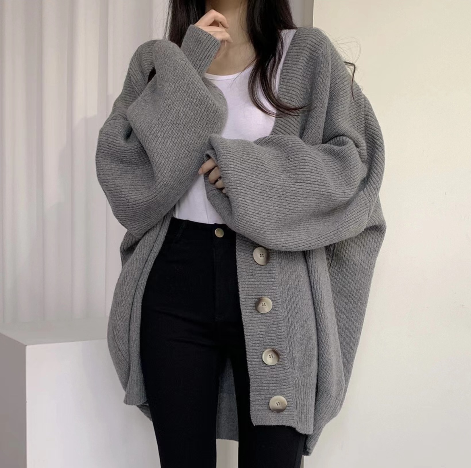 Winter Long Cardigan Sweater Lazy Single Buttons Korean Lantern Sleeves Knitted Cardigan For Women