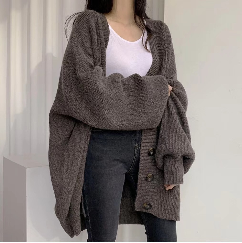 Winter Long Cardigan Sweater Lazy Single Buttons Korean Lantern Sleeves Knitted Cardigan For Women