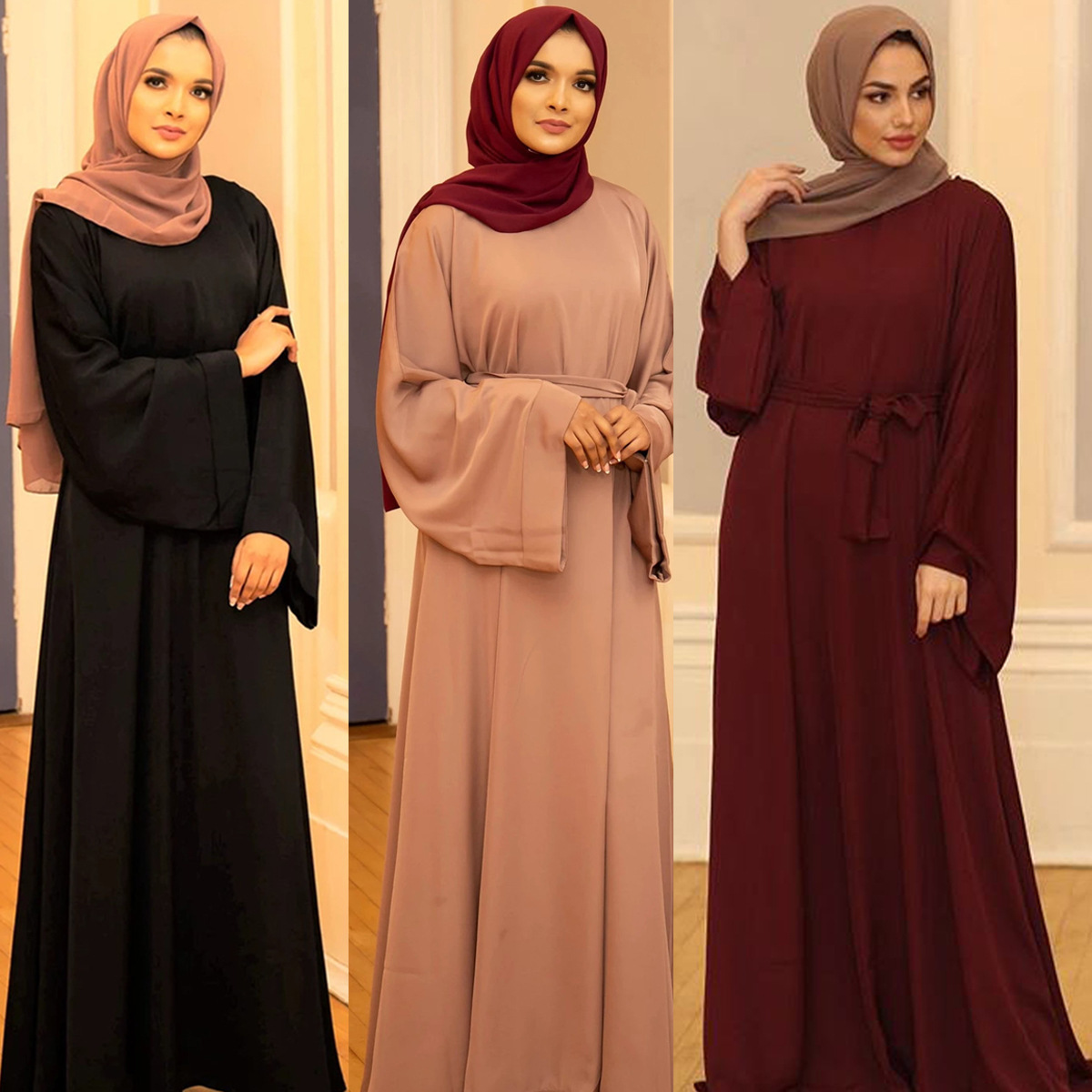 YWQS Polyester Adult Dresses Abaya Hot Sale Dubai Middle East-Breathable Lightweight Plus Size Tie Muslim Dress Hand Drawn