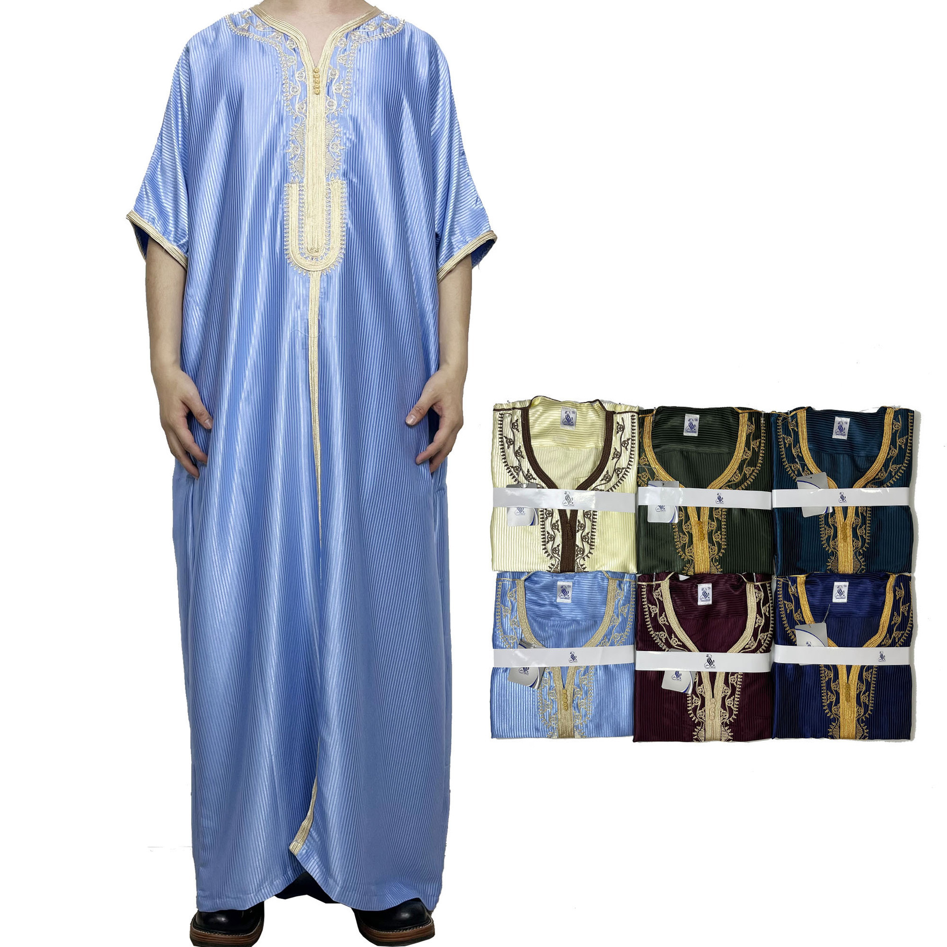 YWQS Hot Selling New Fashion Arab Islamic Clothing Men's Polyester Thobe Moroccan Style Caftan Embroidered Robe for Adults abaya