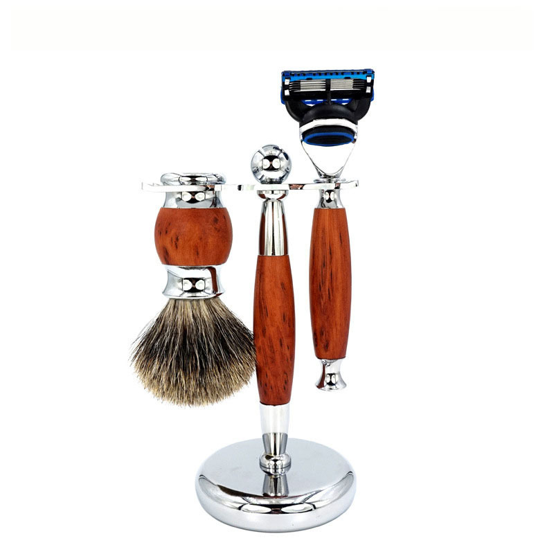 Wholesale 3 In 1 Peach Wood Zinc-Aluminum Alloy 5-Layer Blade Shaving Set Manual Razor Brush Set Luxury Razor Set