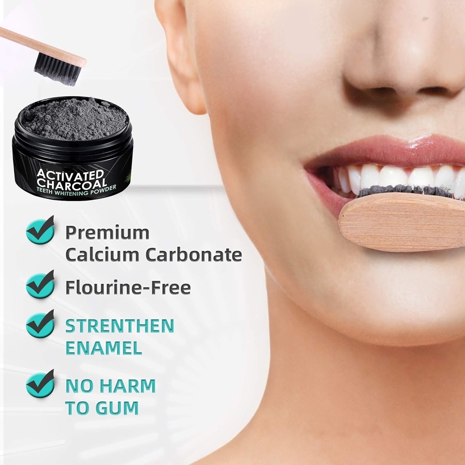 Custom Logo 50g Natural Coconut Activated Charcoal Teeth Whitening Powder With Bamboo Toothbrush