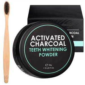 Custom Logo 50g Natural Coconut Activated Charcoal Teeth Whitening Powder With Bamboo Toothbrush