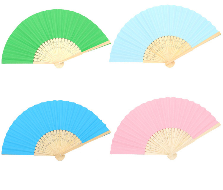 QS brand wholesale high quality bamboo wood rid foldable solid color paper fans gift hand fan