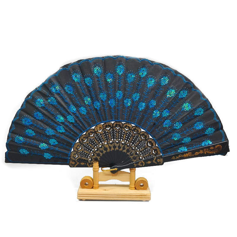 Wholesale Chinese peacock tail fabric gifts folding souvenir plastic hand fan