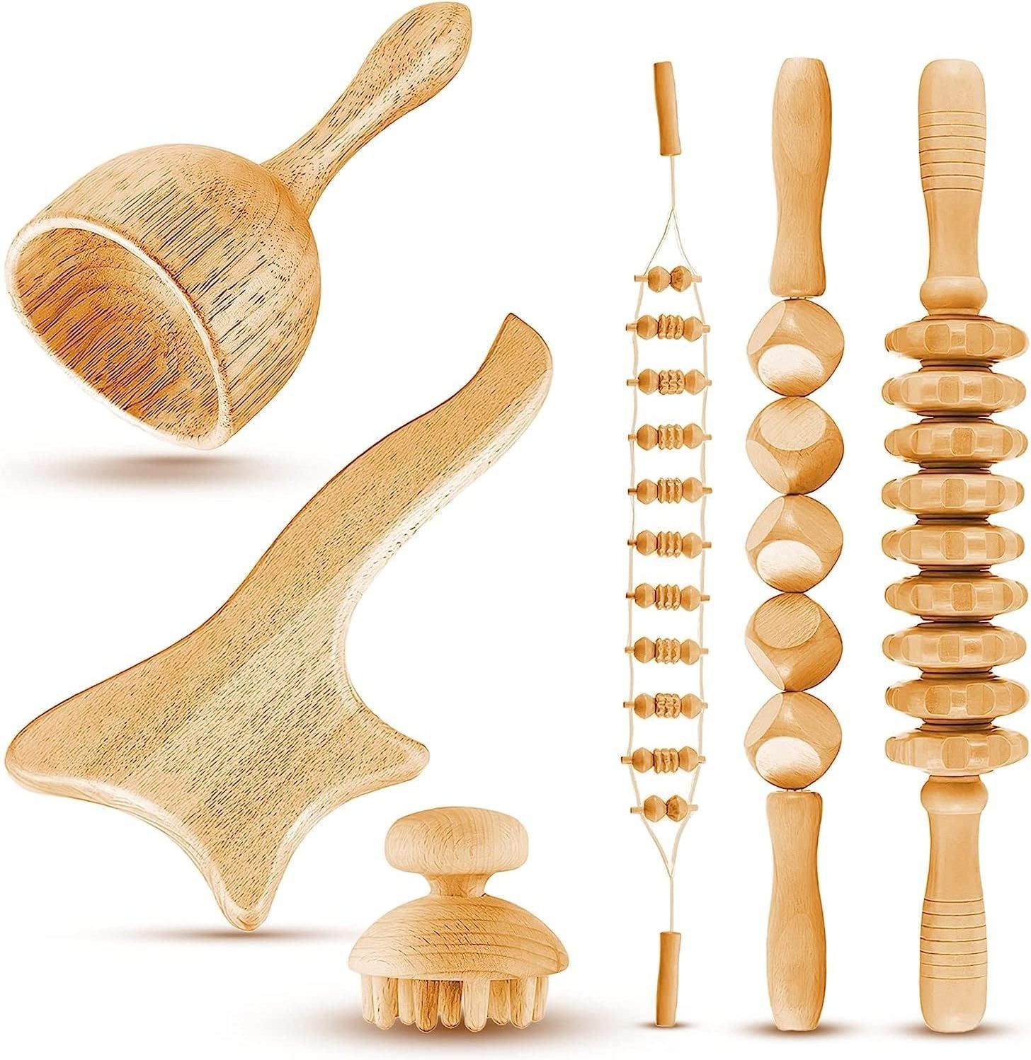 6 In 1 Beech Wood Therapy Massage Tools Lymphatic Drainage Muscle Release Anti-Cellulite Body Massager Kit Body Sculpting Tool