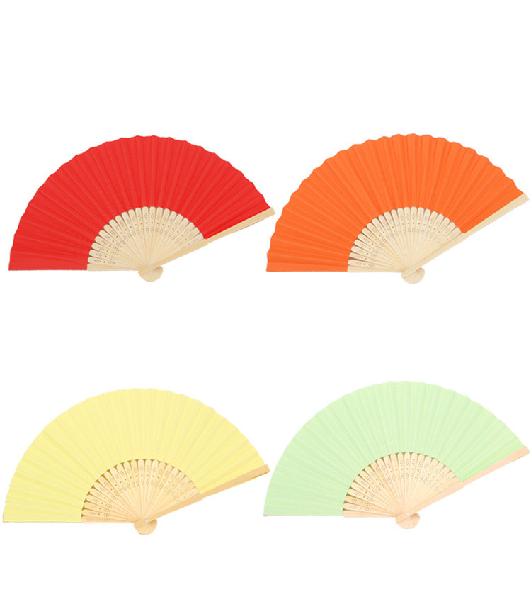 QS brand wholesale high quality bamboo wood rid foldable solid color paper fans gift hand fan