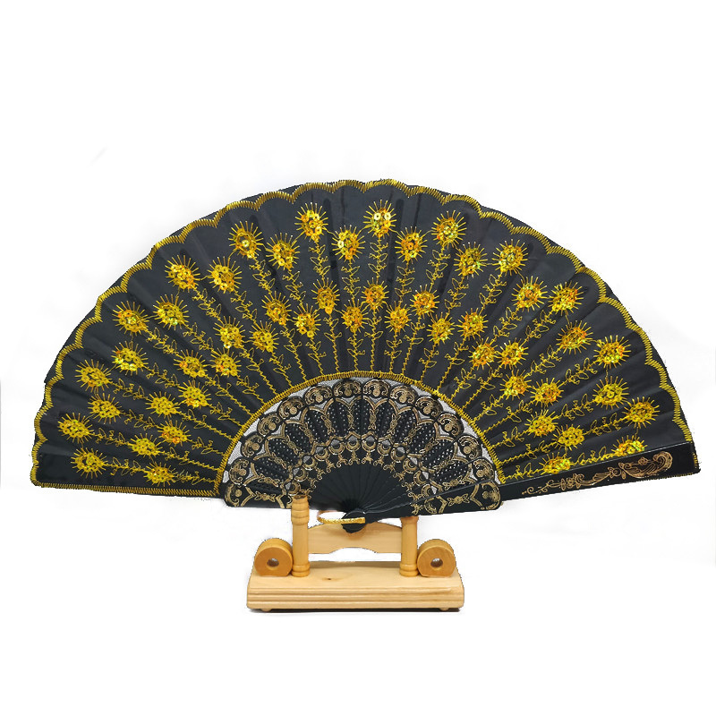 Wholesale Chinese peacock tail fabric gifts folding souvenir plastic hand fan