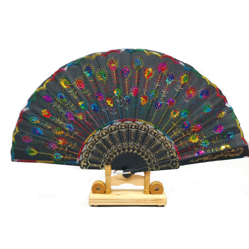 Wholesale Chinese peacock tail fabric gifts folding souvenir plastic hand fan