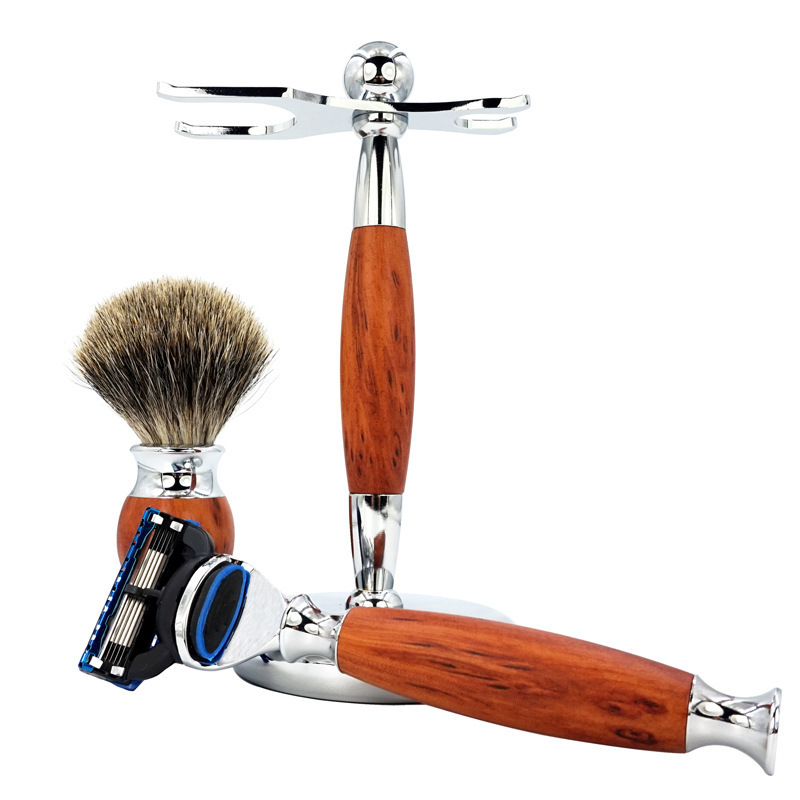 Wholesale 3 In 1 Peach Wood Zinc-Aluminum Alloy 5-Layer Blade Shaving Set Manual Razor Brush Set Luxury Razor Set