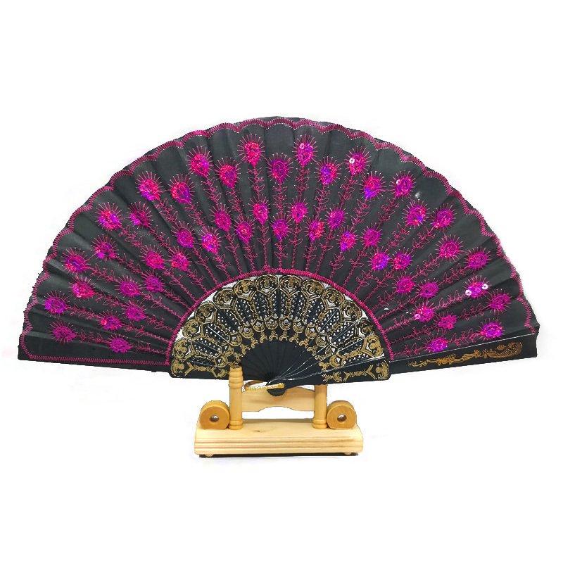 Wholesale Chinese peacock tail fabric gifts folding souvenir plastic hand fan