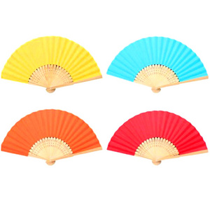 QS brand wholesale high quality bamboo wood rid foldable solid color paper fans gift hand fan