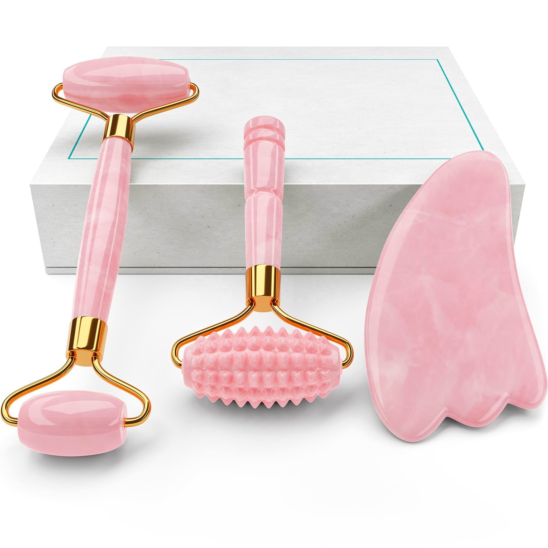 New Design 4-in-1 Jade Roller and Gua Sha Set Rose Quartz Roller with Eye Massager Ridged Roller For Face Real 100% Gua Sha