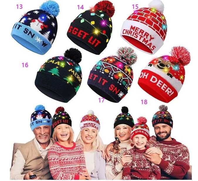 Led Christmas Hat Light-Up Sweater Knitted Santa  Gift Kids Adult Xmas Beanie Winter Festival Elk Snowflake Hat