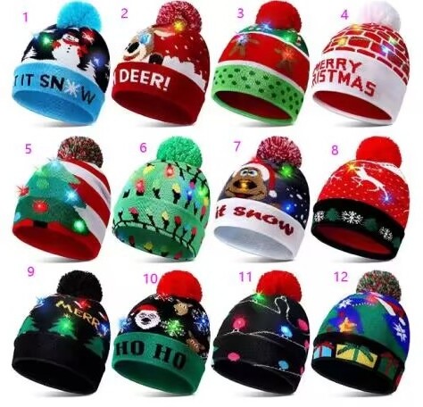 Led Christmas Hat Light-Up Sweater Knitted Santa  Gift Kids Adult Xmas Beanie Winter Festival Elk Snowflake Hat