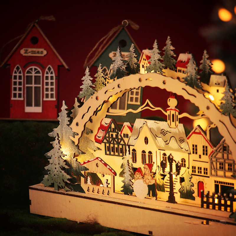 Xmas Decorations Wooden Christmas House LED Light Wooden Christmas Village for Christmas decor