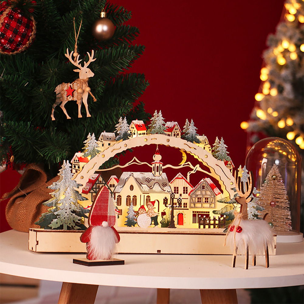 Xmas Decorations Wooden Christmas House LED Light Wooden Christmas Village for Christmas decor