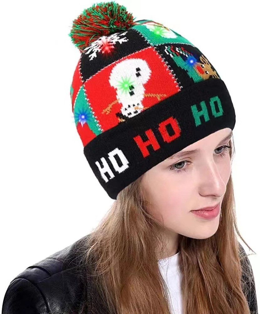 Led Christmas Hat Light-Up Sweater Knitted Santa  Gift Kids Adult Xmas Beanie Winter Festival Elk Snowflake Hat